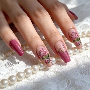 Brand New 24pcs Long Style, Ballet-Shaped, Floral Pattern Press On Nails
